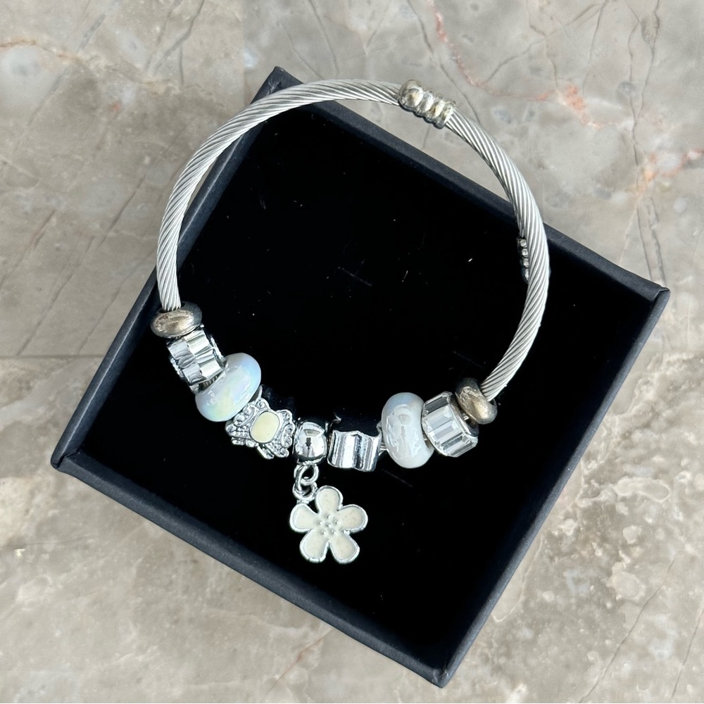 Stainless Steel Charm Bracelet, Silver, White Flower - Picture 2 of 3
